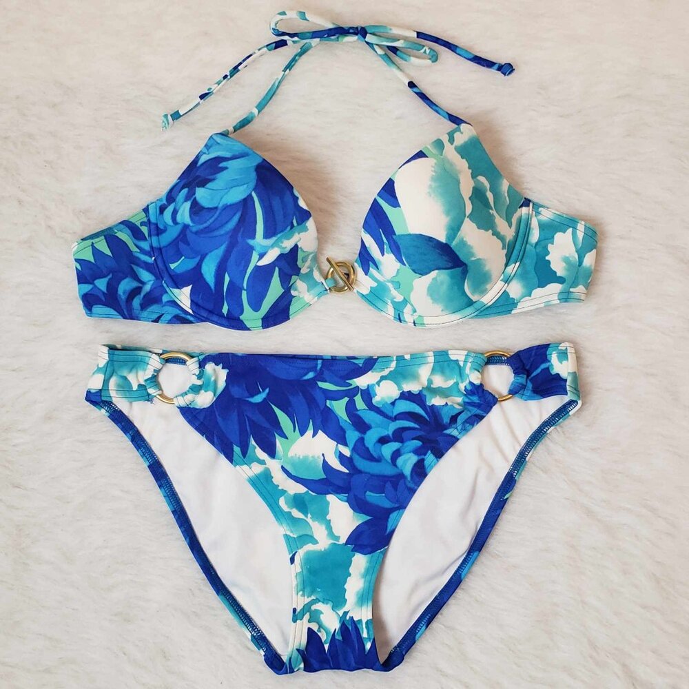 Victoria's Secret * VERY SEXY * Blue Floral Underwire Push-Up Bikini Swim Suit